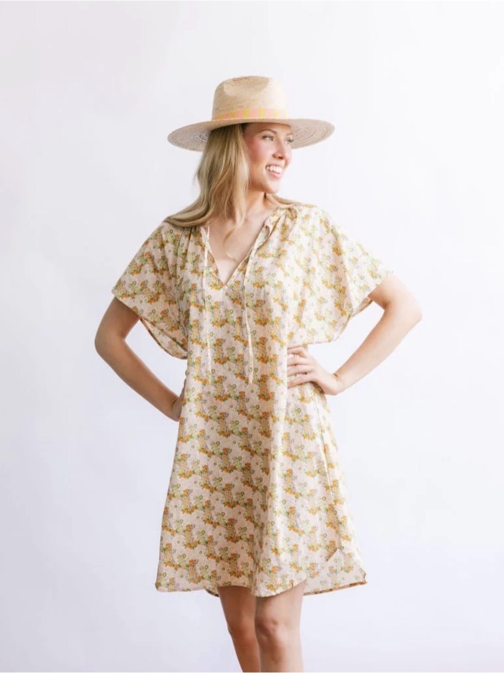 Cream Floral Tie-Front Midi Dress